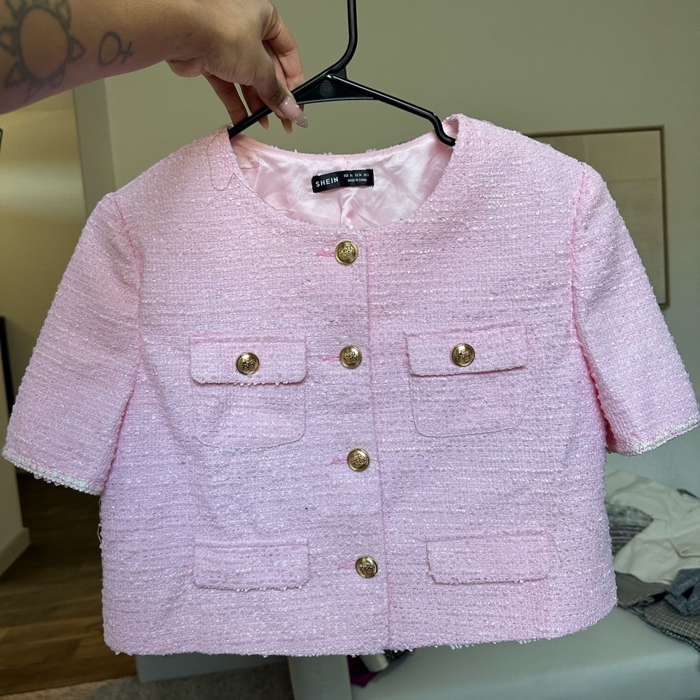 SHEIN Kids Pink Tweed Jacket